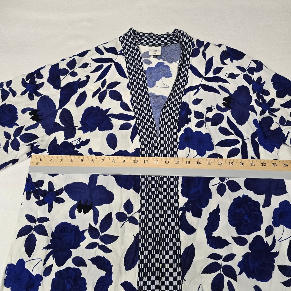 Cabi Blue White Floral Kimono Wrap Jacket Geometric Trim Open Front M/L - Picture 6 of 7